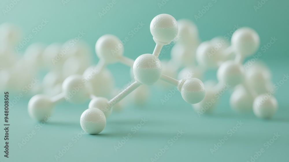 Wall mural close-up of white molecular structure model on turquoise background representing science and chemist