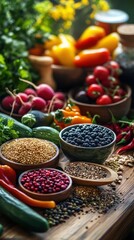 Fototapeta premium An array of colorful organic vegetables and fruits showcases rich textures and vibrant hues, inviting a healthy culinary adventure