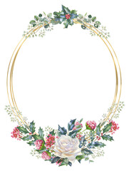 Watercolor Christmas floral Png border, red and white roses, fir, Xmas, arrangement, winter floral frame