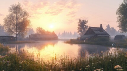 Obraz premium Serene Coastal Village at Dawn Soft Light, Gentle Breeze, Peaceful Escape, Tranquil Waterfront Homes, Golden Hour Reflections, Inspiring Freedom