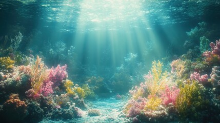 Fototapeta premium Sunlit Underwater Coral Reef with Vibrant Marine Life and Colorful Corals in Crystal Clear Ocean Water