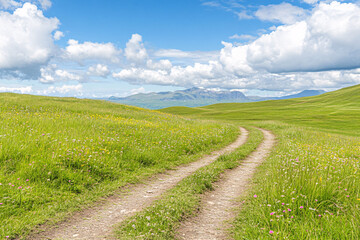 Obraz premium A dirt road winds through a lush green field. The sky is clear and blue, with a few clouds scattered throughout. Scene is peaceful and serene, with the beauty of nature on full display
