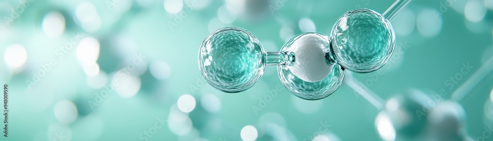 Wall mural close-up of molecular structure with blue and white spheres on a green background representing scien