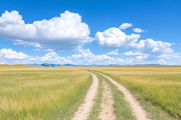 Fototapeta premium A dirt road winds through a vast, empty field. The sky is clear and blue, with a few clouds scattered throughout. Scene is peaceful and serene, as the open field and clear sky create a sense of calm