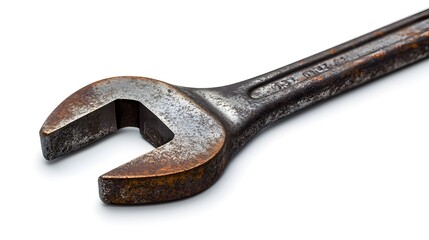 A steel wrench lying flat on a white background, with detailed textures and subtle lighting emphasizing its metallic finish. 