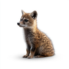 Naklejka premium A young red fox sitting on a white background, showcasing its spotted fur and curious, attentive gaze.