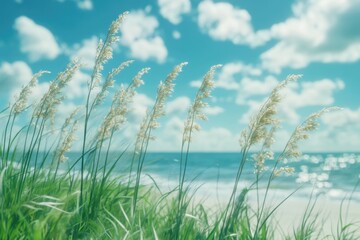 Windswept Grass Dune Coastal Ocean View Escape Freedom Nature Beach Seascape Seashore Sky Clouds Blue Sky Sunny Day Grass Blades Dune Landscape Scenic Sea Breeze Coastal Nature Photography Seashore