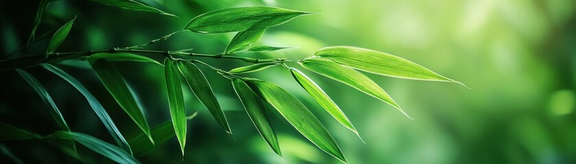 Close-Up of Fresh Green Bamboo Leaves with Sunlight in a Lush Forest Setting