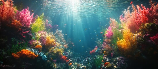 Vibrant Underwater Coral Reef with Colorful Marine Life and Sunlight Rays