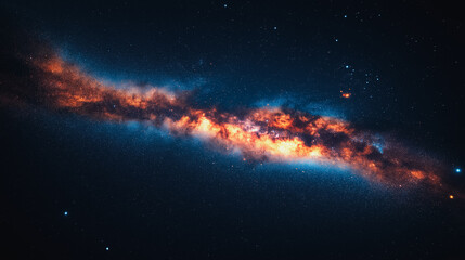 Obraz premium A long, thin galaxy with a blue and orange color. The galaxy is filled with stars and dust