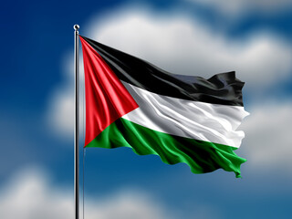 Palestine flag waving on blurred blue cloud background.