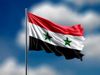 Syria flag waving on blurred blue cloud background.