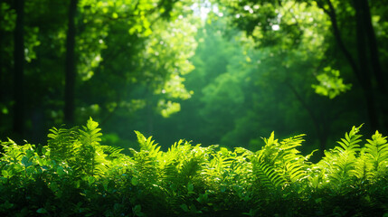 A lush green forest with a bright sun shining through the trees. The sunlight creates a warm and inviting atmosphere