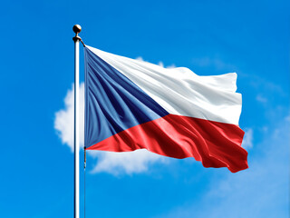 Czech Republic flag waving on blurred blue cloud background.