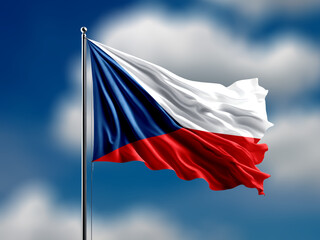 Czech Republic flag waving on blurred blue cloud background.
