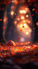 A mushroom is on a pile of leaves in a forest. The mushroom is surrounded by a lot of leaves, and the leaves are scattered all around it. The image has a peaceful and serene mood
