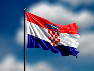 Croatia flag flying on blur blue clouds background.
