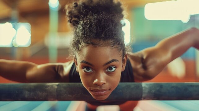 A focused young woman in black workout attire trains on parallel bars in a gym, with a serious expression, hair tied back in a bun, and blurred yellow-red background.