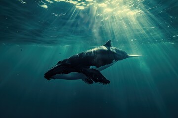 Fototapeta premium Humpback Whale Gracefully Gliding Through Sunlit Waters