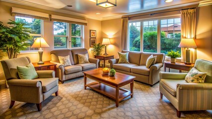 Fototapeta premium Cozy living room in a hospice home with comfortable furniture, soft lighting, and calming decor providing a peaceful atmosphere for end-of-life care.