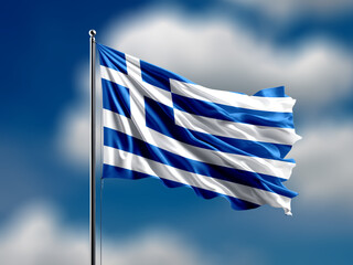 Obraz premium Greece flag flying on blur blue clouds background.