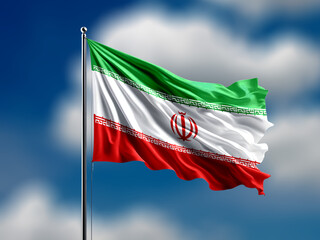 Iran flag flying on blur blue clouds background.