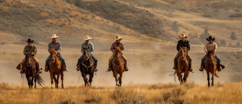 Image of seven cowboys riding horses in desert, mountains in backdrop. Traditional attire, strong bond with horses, leisure and freedom depicted.
