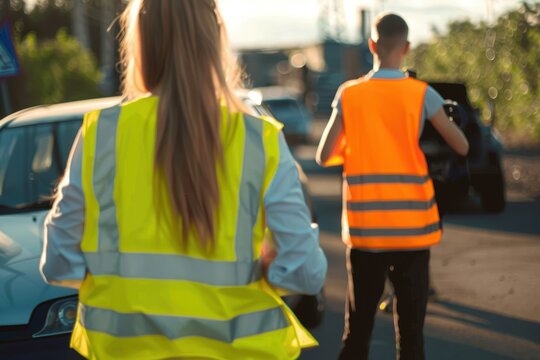 Roadside assistance is here Rear view of auto mechanic coming to help young woman with her car problem, wearing fluorescent waistcoats