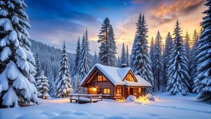Naklejka premium Cozy snow-covered cabin with frosted windows, surrounded by tall evergreen trees, beneath a gentle winter snowfall, against a serene blue-gray sky at dawn.