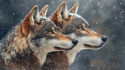 Fototapeta premium Two wolves gazing into the distance in a snowfall in the Caucasus Mountains. 