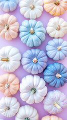 Obraz premium Aesthetic mix of pastel blue, pink and purple pumpkins, top view. Greeting mockup, wallpaper, copy space. Generative AI