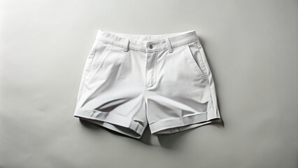 Fototapeta premium Crisp white shorts with clean lines and subtle texture, neatly folded and stacked on a minimalist background, perfect for fashion or lifestyle visuals.