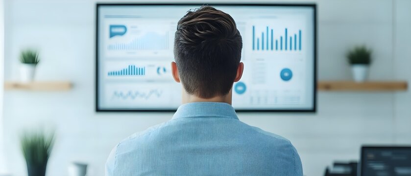 A person analyzes data on a large screen, focusing on graphs and statistics, in a modern office environment.