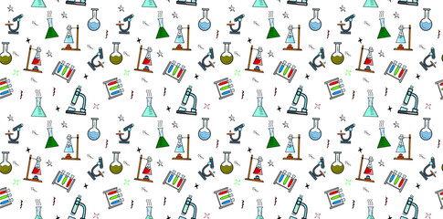 chemical laboratory equipment illustration. chemical reaction equipment background. Chemistry pattern background. Chemistry theme background. laboratory science pattern background.