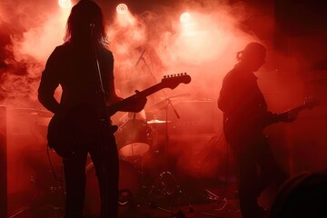 Guitarists on stage Red silhouette of a guitarist on stage