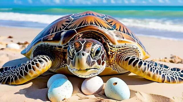 a turtle  and  eggs  on a beach