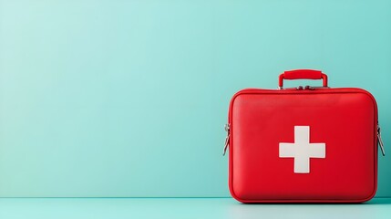 A vibrant red first aid kit against a teal background, perfect for health and safety themes in medical design.