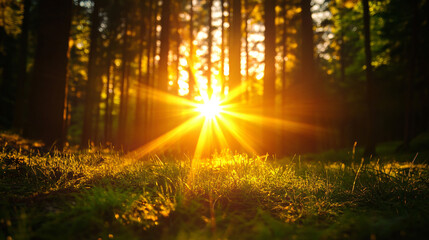 Naklejka premium A sun is shining through the trees, casting a bright light on the grass. The scene is peaceful and serene, with the sun's rays creating a warm and inviting atmosphere