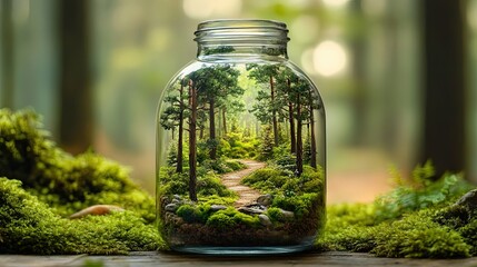 4. A tiny forest scene encapsulated in a glass bottle, complete with miniature trees, moss-covered ground, and a small pathway winding through the greenery