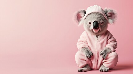 A koala in pajamas with a nightcap on a pastel pink background, copy space