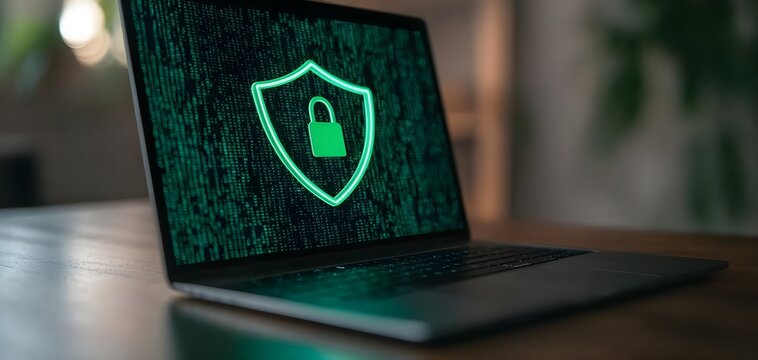 Close-up of a laptop screen displaying a green shield and padlock, symbolizing digital security and online protection.