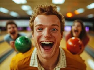 Fototapeta premium Group of Friends Enjoying a Fun Bowling Night with Colorful Balls and Lively Atmosphere