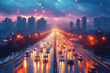 Obraz premium A busy city street with cars driving down a wet road