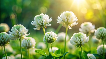 Delicate white clover flowers with bright green leaves showcase intricate details and soft, gentle petals against a blurred natural outdoor background.