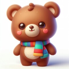 cute 3d fluffy brown teddy bear character with colorful scarf, white background