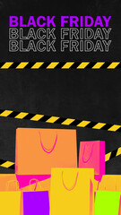 Vibrant advertisement for Black Friday, pile of colorful shopping bags, surrounded by black and yellow warning tape. Contemporary art collage. Concept of shopping, Black Friday, Cyber Monday, sales