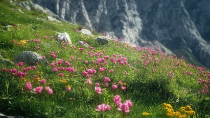 Pink Flowers Blooming in a Green Meadow with a Mountain Background