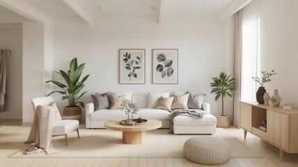 Modern Minimalist Living Room with Neutral Colors and Botanical Accents