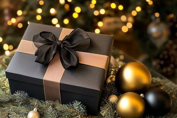 Dark gift boxes with ribbon and bows on bokeh background. Holiday gift, Birthday top view. Christmas giftbox, Black friday concept image