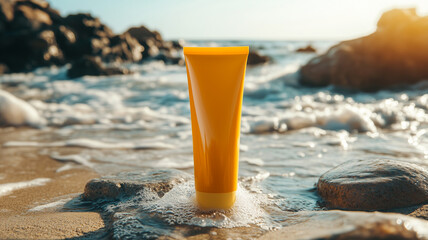 raelistic Sunscreen cream tube mockup on sand beach with sea side background. Sun safety, spf uv-protect cosmetic products, skin care cream